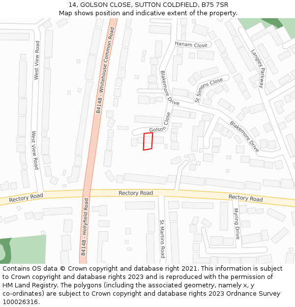 14, GOLSON CLOSE, SUTTON COLDFIELD, B75 7SR: Location map and indicative extent of plot