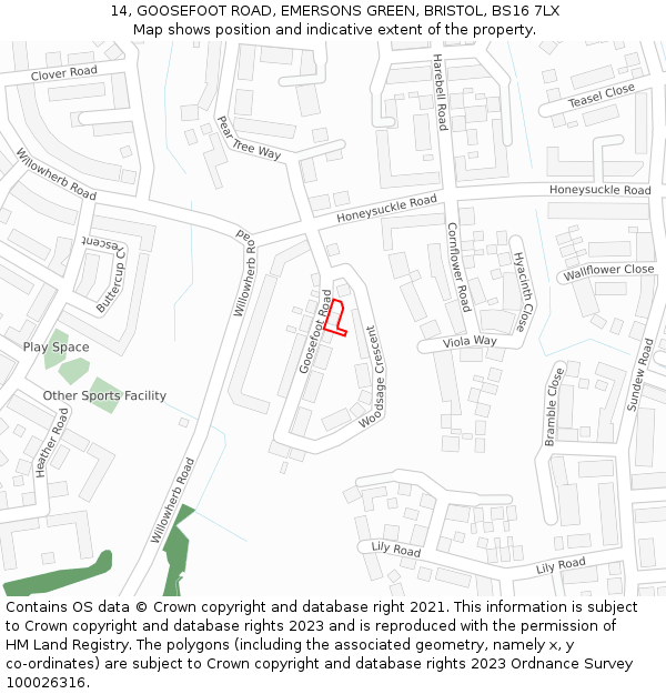 14, GOOSEFOOT ROAD, EMERSONS GREEN, BRISTOL, BS16 7LX: Location map and indicative extent of plot