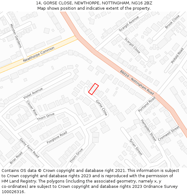 14, GORSE CLOSE, NEWTHORPE, NOTTINGHAM, NG16 2BZ: Location map and indicative extent of plot