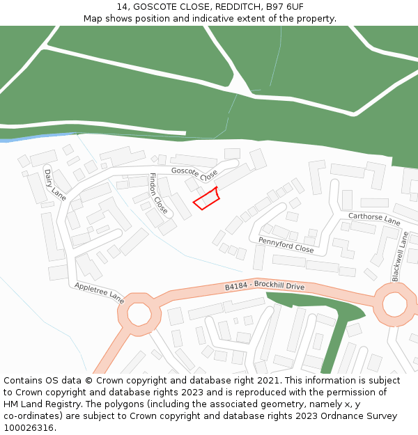 14, GOSCOTE CLOSE, REDDITCH, B97 6UF: Location map and indicative extent of plot