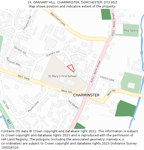 14, GRANARY HILL, CHARMINSTER, DORCHESTER, DT2 9SZ: Location map and indicative extent of plot