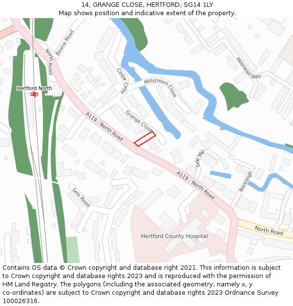 14, GRANGE CLOSE, HERTFORD, SG14 1LY: Location map and indicative extent of plot