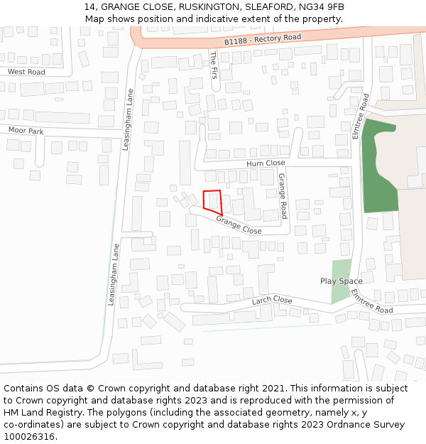 14, GRANGE CLOSE, RUSKINGTON, SLEAFORD, NG34 9FB: Location map and indicative extent of plot