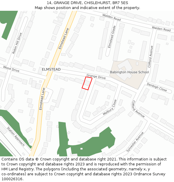 14, GRANGE DRIVE, CHISLEHURST, BR7 5ES: Location map and indicative extent of plot