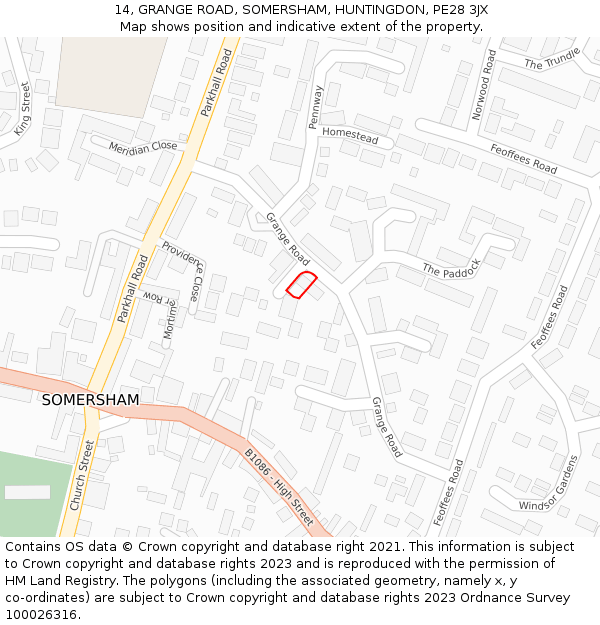 14, GRANGE ROAD, SOMERSHAM, HUNTINGDON, PE28 3JX: Location map and indicative extent of plot