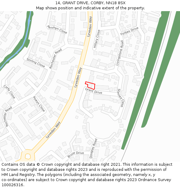 14, GRANT DRIVE, CORBY, NN18 8SX: Location map and indicative extent of plot