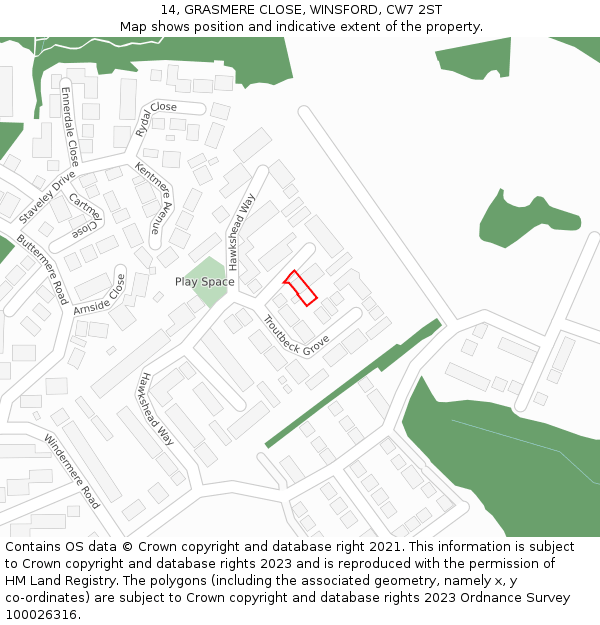 14, GRASMERE CLOSE, WINSFORD, CW7 2ST: Location map and indicative extent of plot