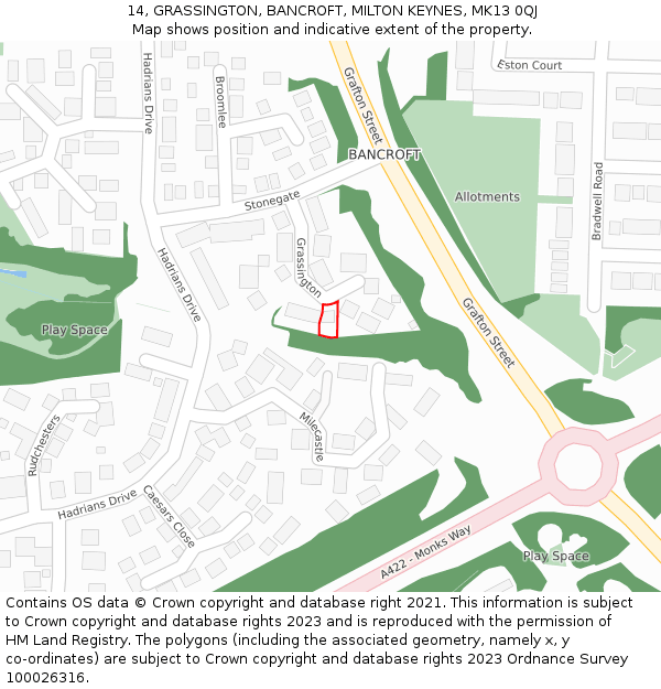 14, GRASSINGTON, BANCROFT, MILTON KEYNES, MK13 0QJ: Location map and indicative extent of plot