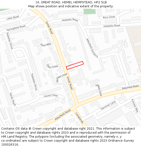 14, GREAT ROAD, HEMEL HEMPSTEAD, HP2 5LB: Location map and indicative extent of plot