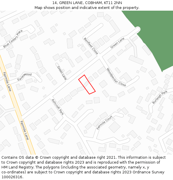 14, GREEN LANE, COBHAM, KT11 2NN: Location map and indicative extent of plot