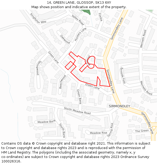 14, GREEN LANE, GLOSSOP, SK13 6XY: Location map and indicative extent of plot