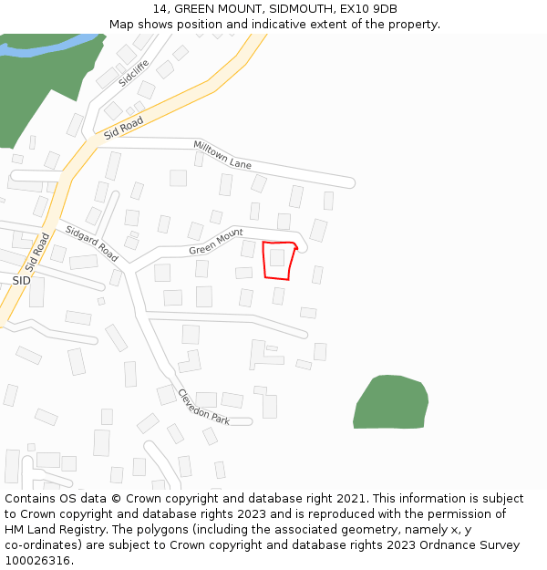 14, GREEN MOUNT, SIDMOUTH, EX10 9DB: Location map and indicative extent of plot