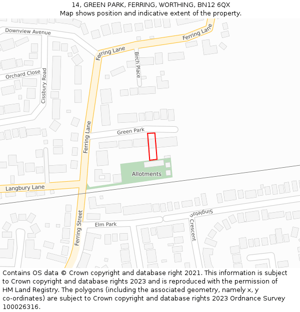 14, GREEN PARK, FERRING, WORTHING, BN12 6QX: Location map and indicative extent of plot