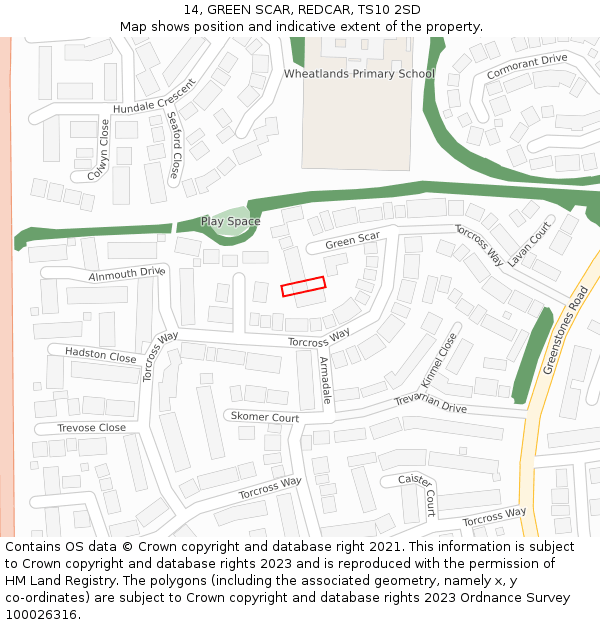 14, GREEN SCAR, REDCAR, TS10 2SD: Location map and indicative extent of plot