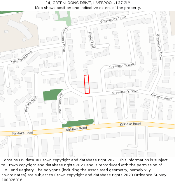 14, GREENLOONS DRIVE, LIVERPOOL, L37 2LY: Location map and indicative extent of plot