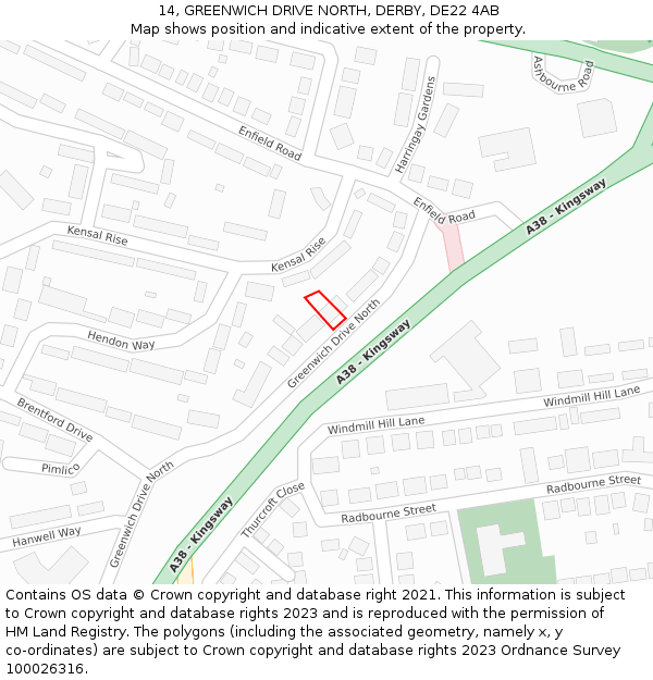 14, GREENWICH DRIVE NORTH, DERBY, DE22 4AB: Location map and indicative extent of plot