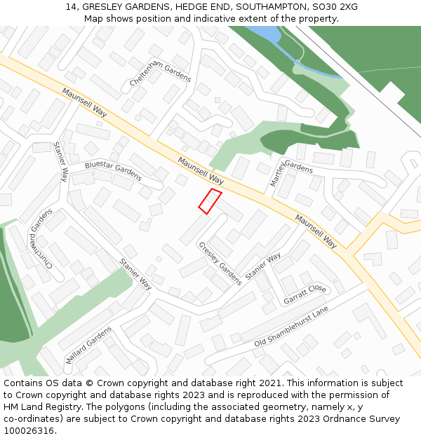 14, GRESLEY GARDENS, HEDGE END, SOUTHAMPTON, SO30 2XG: Location map and indicative extent of plot