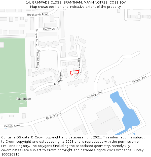 14, GRIMWADE CLOSE, BRANTHAM, MANNINGTREE, CO11 1QY: Location map and indicative extent of plot
