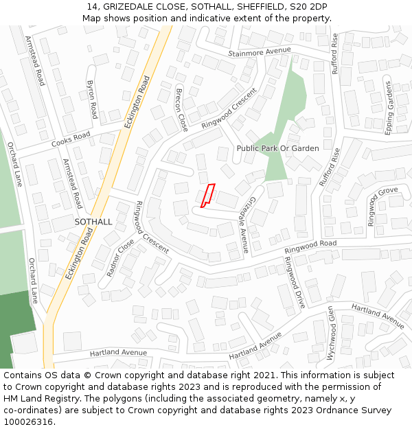 14, GRIZEDALE CLOSE, SOTHALL, SHEFFIELD, S20 2DP: Location map and indicative extent of plot