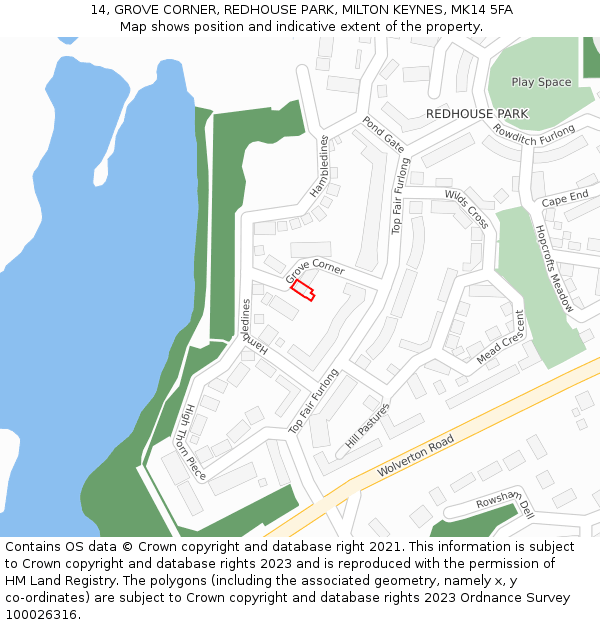 14, GROVE CORNER, REDHOUSE PARK, MILTON KEYNES, MK14 5FA: Location map and indicative extent of plot