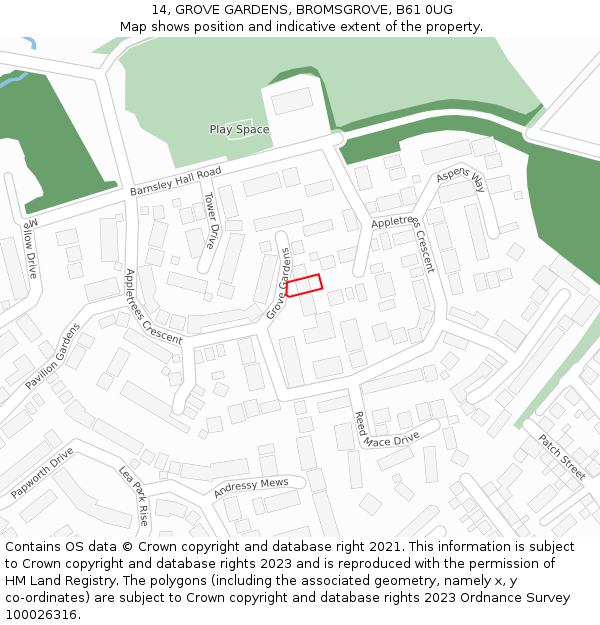 14, GROVE GARDENS, BROMSGROVE, B61 0UG: Location map and indicative extent of plot