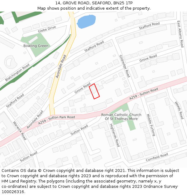 14, GROVE ROAD, SEAFORD, BN25 1TP: Location map and indicative extent of plot