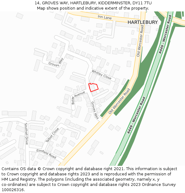 14, GROVES WAY, HARTLEBURY, KIDDERMINSTER, DY11 7TU: Location map and indicative extent of plot