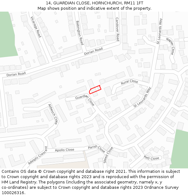 14, GUARDIAN CLOSE, HORNCHURCH, RM11 1FT: Location map and indicative extent of plot