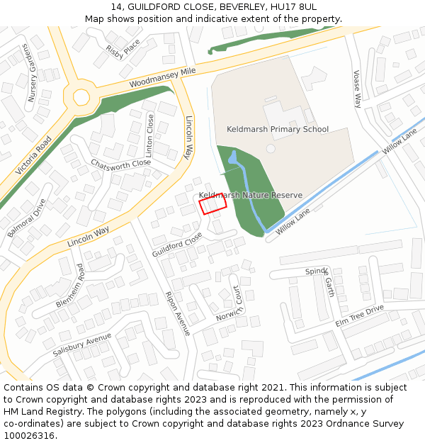 14, GUILDFORD CLOSE, BEVERLEY, HU17 8UL: Location map and indicative extent of plot