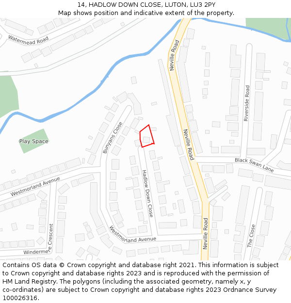 14, HADLOW DOWN CLOSE, LUTON, LU3 2PY: Location map and indicative extent of plot