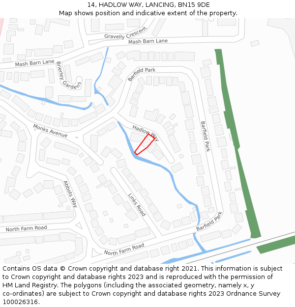 14, HADLOW WAY, LANCING, BN15 9DE: Location map and indicative extent of plot