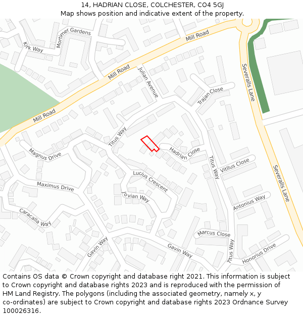 14, HADRIAN CLOSE, COLCHESTER, CO4 5GJ: Location map and indicative extent of plot