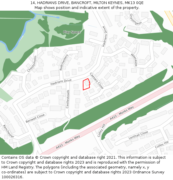 14, HADRIANS DRIVE, BANCROFT, MILTON KEYNES, MK13 0QE: Location map and indicative extent of plot