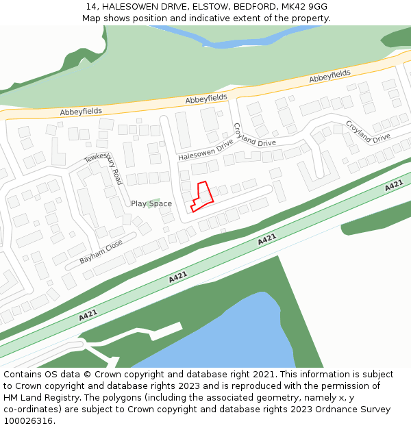 14, HALESOWEN DRIVE, ELSTOW, BEDFORD, MK42 9GG: Location map and indicative extent of plot