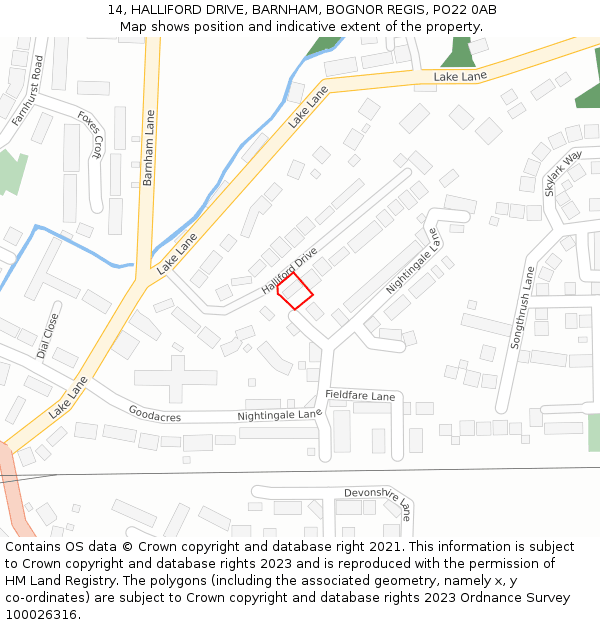 14, HALLIFORD DRIVE, BARNHAM, BOGNOR REGIS, PO22 0AB: Location map and indicative extent of plot