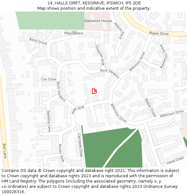 14, HALLS DRIFT, KESGRAVE, IPSWICH, IP5 2DE: Location map and indicative extent of plot