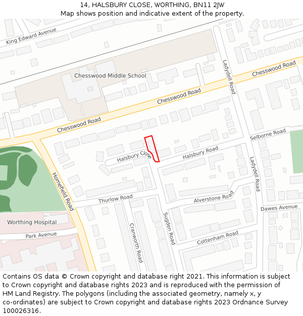 14, HALSBURY CLOSE, WORTHING, BN11 2JW: Location map and indicative extent of plot