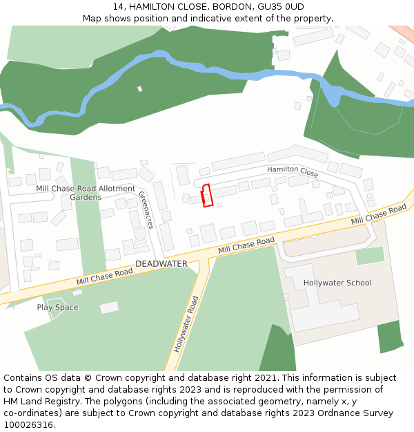 14, HAMILTON CLOSE, BORDON, GU35 0UD: Location map and indicative extent of plot