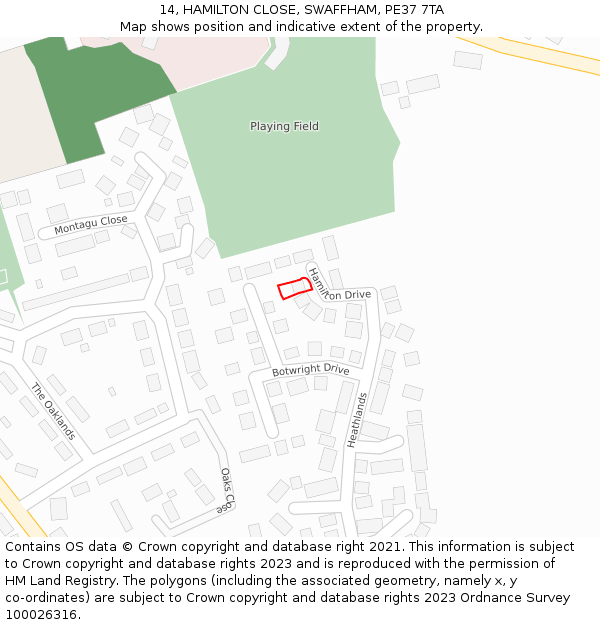 14, HAMILTON CLOSE, SWAFFHAM, PE37 7TA: Location map and indicative extent of plot