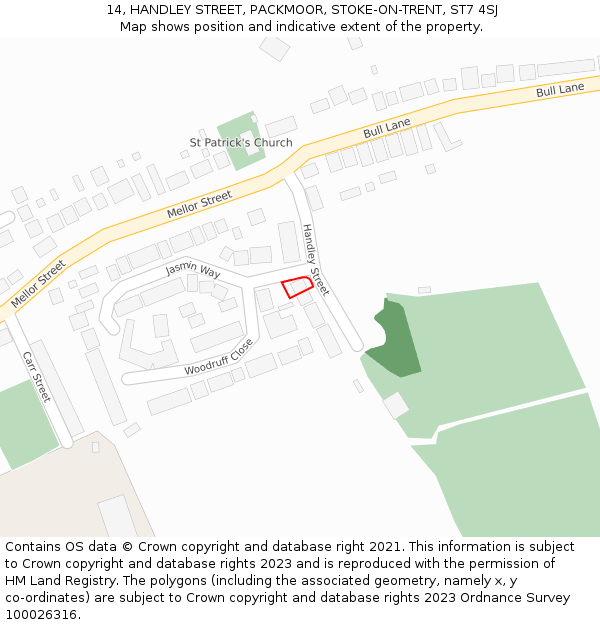 14, HANDLEY STREET, PACKMOOR, STOKE-ON-TRENT, ST7 4SJ: Location map and indicative extent of plot