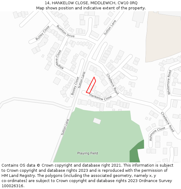 14, HANKELOW CLOSE, MIDDLEWICH, CW10 0RQ: Location map and indicative extent of plot