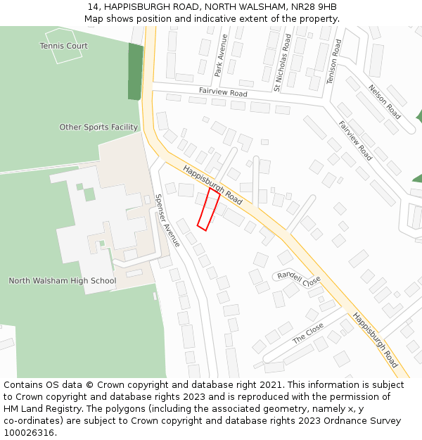 14, HAPPISBURGH ROAD, NORTH WALSHAM, NR28 9HB: Location map and indicative extent of plot