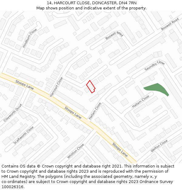 14, HARCOURT CLOSE, DONCASTER, DN4 7RN: Location map and indicative extent of plot