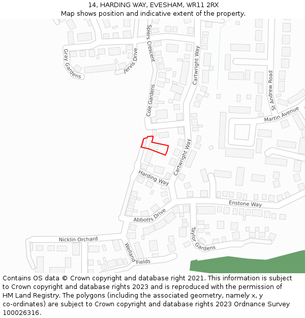 14, HARDING WAY, EVESHAM, WR11 2RX: Location map and indicative extent of plot