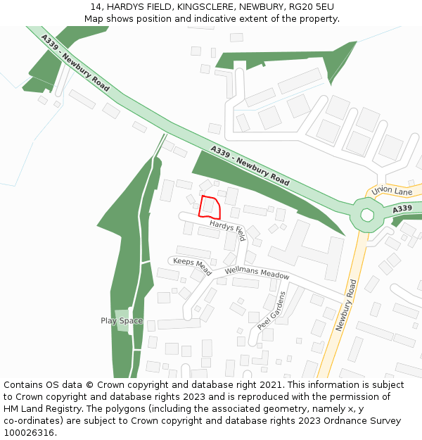 14, HARDYS FIELD, KINGSCLERE, NEWBURY, RG20 5EU: Location map and indicative extent of plot