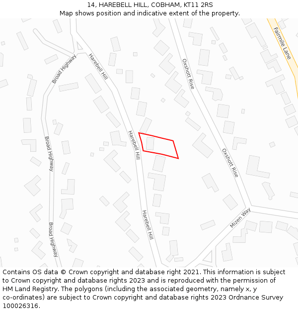 14, HAREBELL HILL, COBHAM, KT11 2RS: Location map and indicative extent of plot