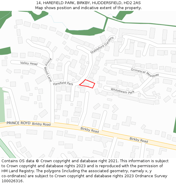 14, HAREFIELD PARK, BIRKBY, HUDDERSFIELD, HD2 2AS: Location map and indicative extent of plot
