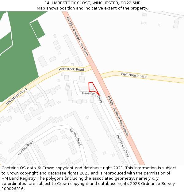 14, HARESTOCK CLOSE, WINCHESTER, SO22 6NP: Location map and indicative extent of plot