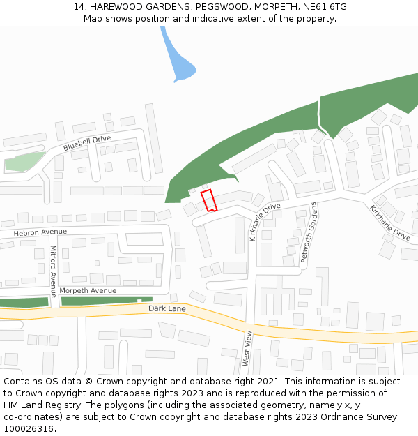 14, HAREWOOD GARDENS, PEGSWOOD, MORPETH, NE61 6TG: Location map and indicative extent of plot