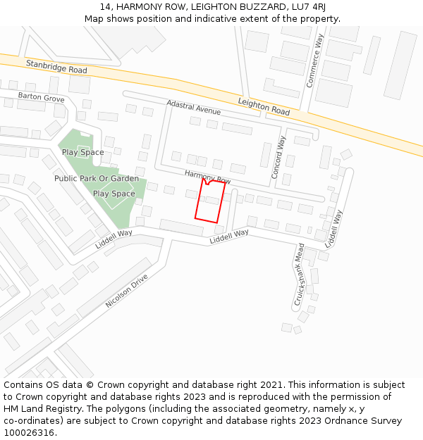 14, HARMONY ROW, LEIGHTON BUZZARD, LU7 4RJ: Location map and indicative extent of plot